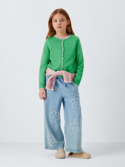 John Lewis Kids' Crew Neck Scallop Trim Cardigan, Green, Green