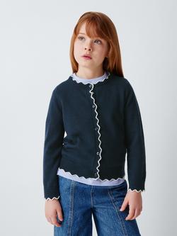 John Lewis Kids' Crew Neck Scallop Trim Cardigan, Blue, Blue