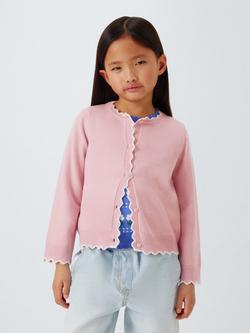 John Lewis Kids' Crew Neck Scallop Trim Cardigan, Pink, Pink