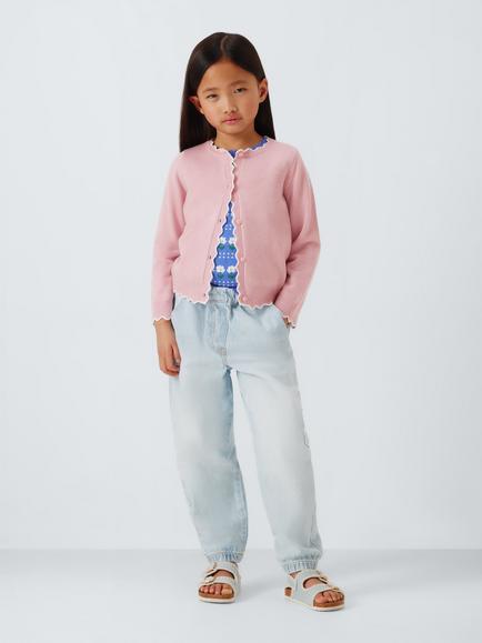 John Lewis Kids' Crew Neck Scallop Trim Cardigan, Pink - view 2, Pink