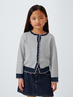 John Lewis Kids' Crew Neck Stripe Scallop Trim Cardigan, White/Black, White/Black