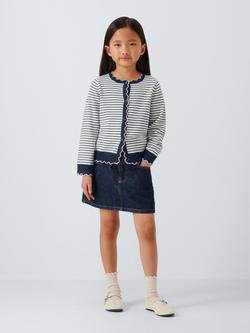 John Lewis Kids' Crew Neck Stripe Scallop Trim Cardigan, White/Black - view 2, White/Black
