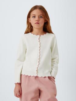 John Lewis Kids' Crew Neck Scallop Trim Cardigan, White, White