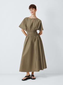 John Lewis Shirred Bodice Short Sleeve Midi Dress, Light Khaki, Light Khaki