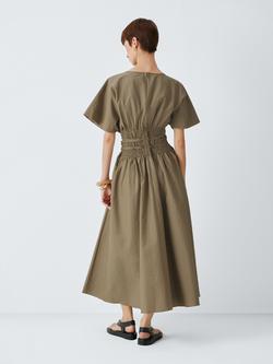 John Lewis Shirred Bodice Short Sleeve Midi Dress, Light Khaki - view 2, Light Khaki