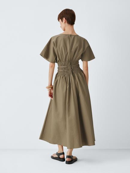 John Lewis Shirred Bodice Short Sleeve Midi Dress, Light Khaki - view 2, Light Khaki