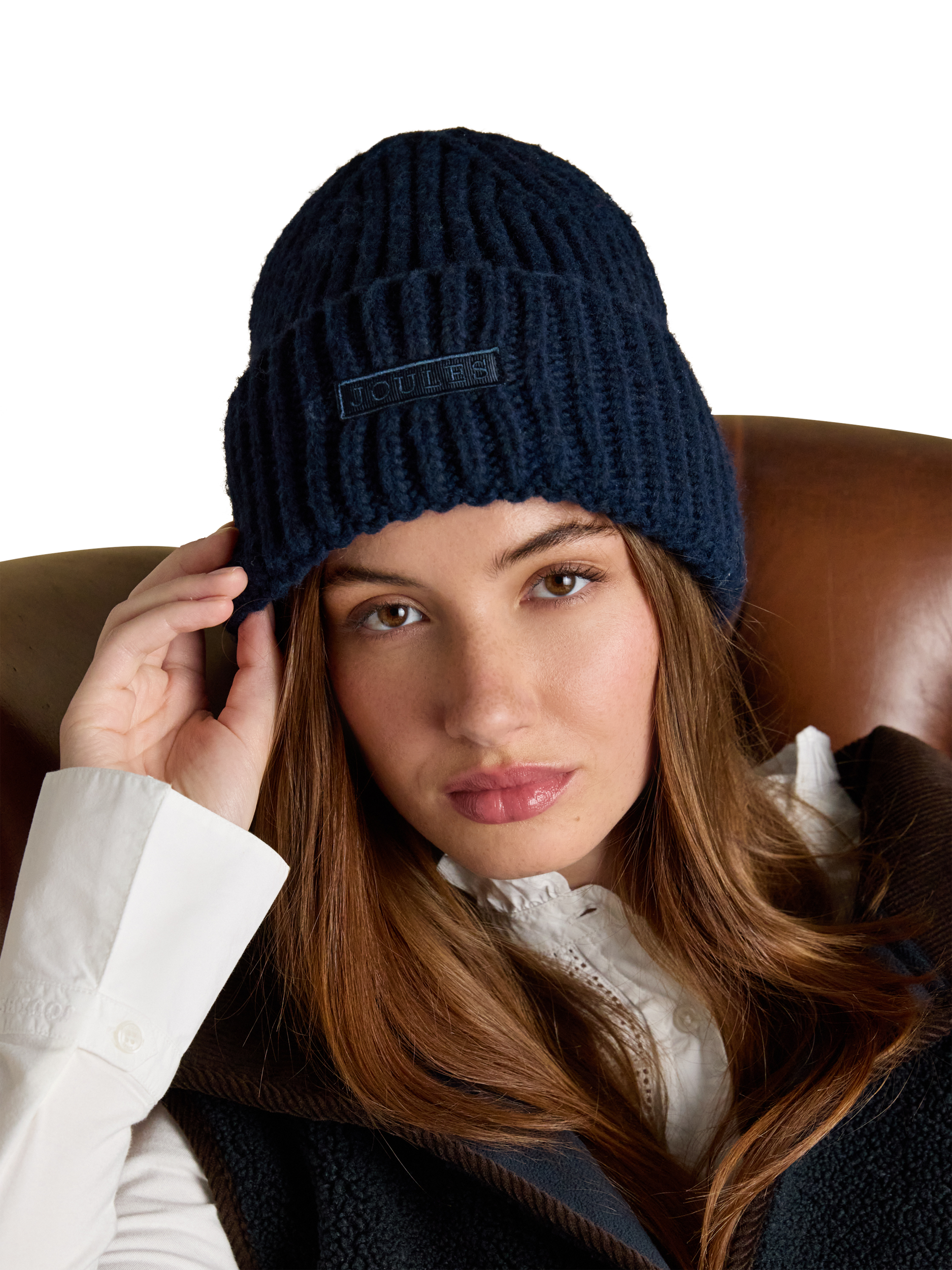Product image 2 of 6, which shows Joules Ribbed Cuff Knit Beanie Hat, Navy, One Size