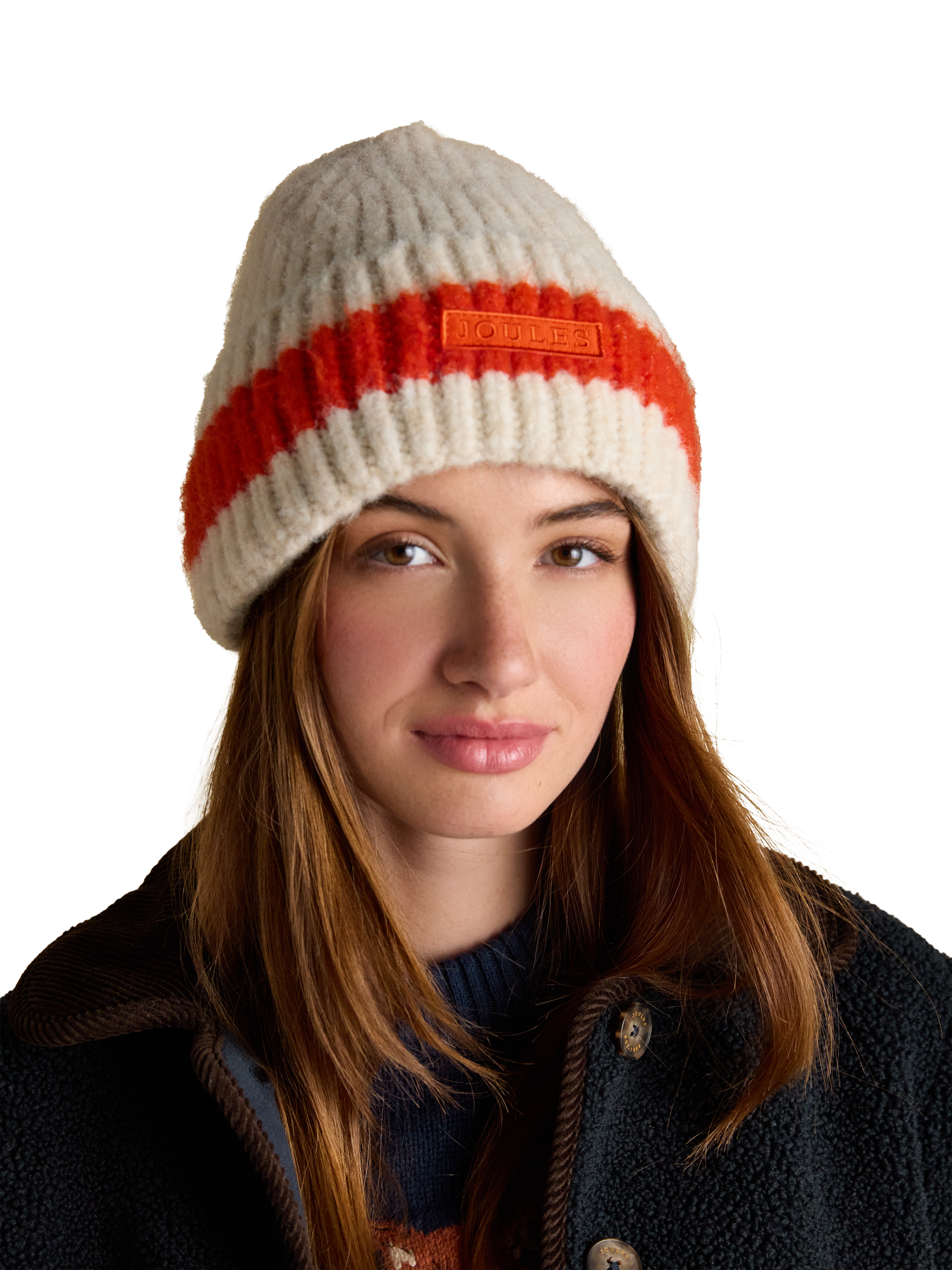 Product image 2 of 6, which shows Joules Stripe Knit Beanie, Orange/Neutral, One Size