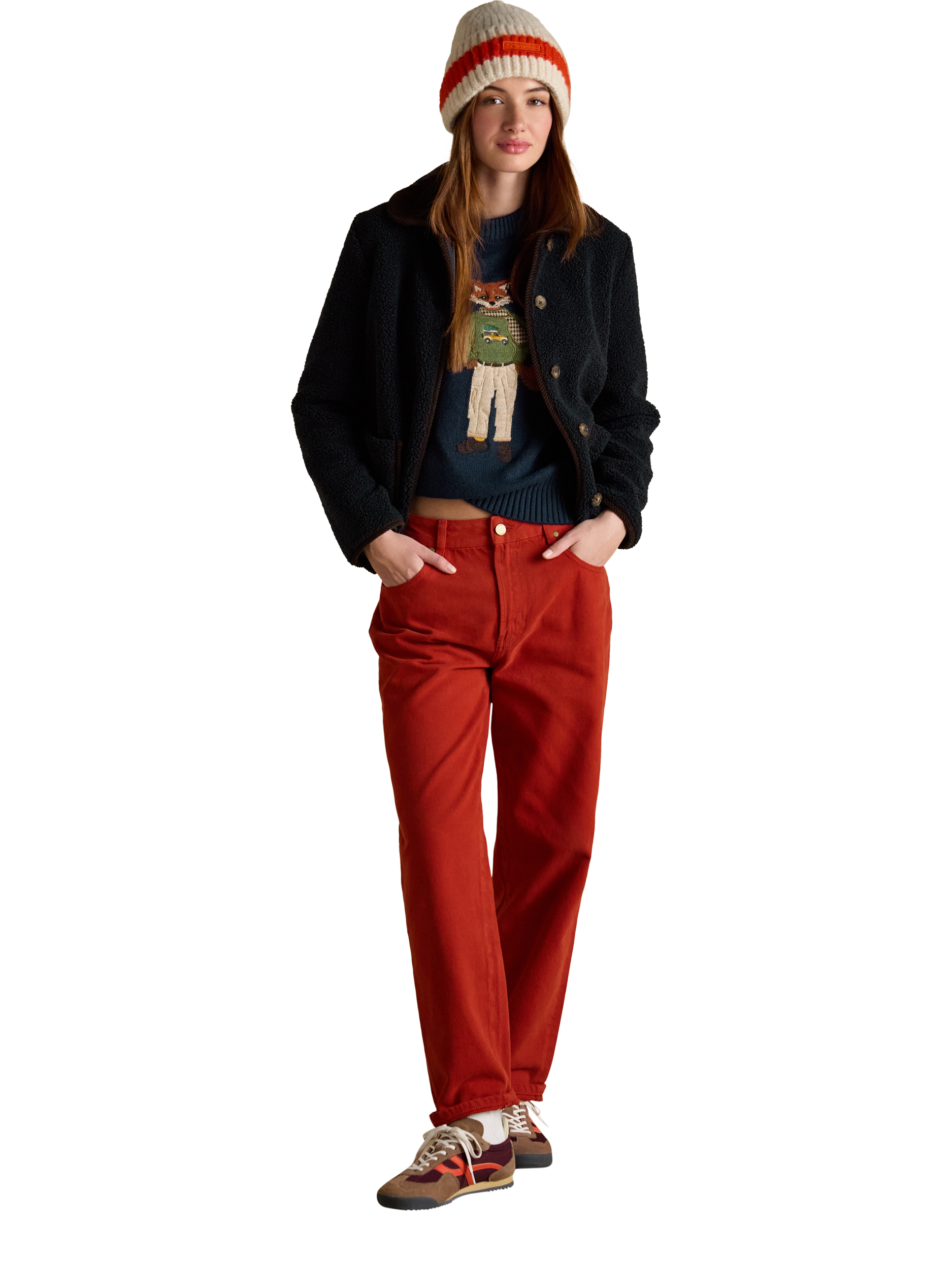 Product image 4 of 6, which shows Joules Stripe Knit Beanie, Orange/Neutral, One Size