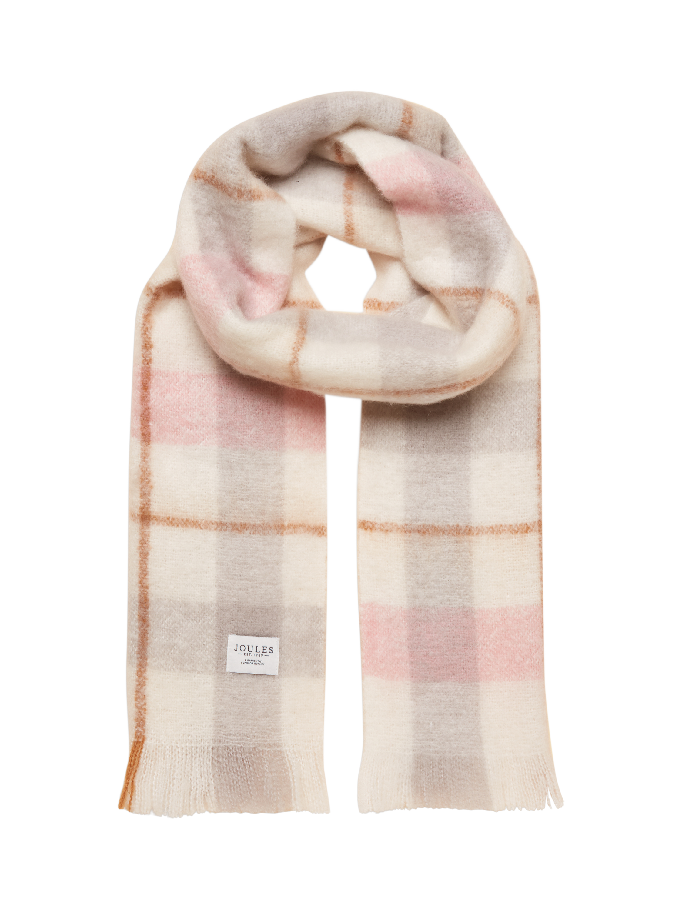 Product image 1 of 5, which shows Joules Fenella Tartan Brushed Scarf, Pink/Cream, One Size