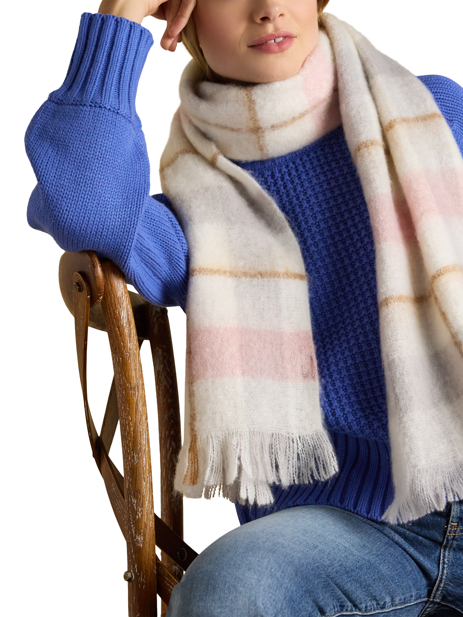 Product image 2 of 5, which shows Joules Fenella Tartan Brushed Scarf, Pink/Cream, One Size