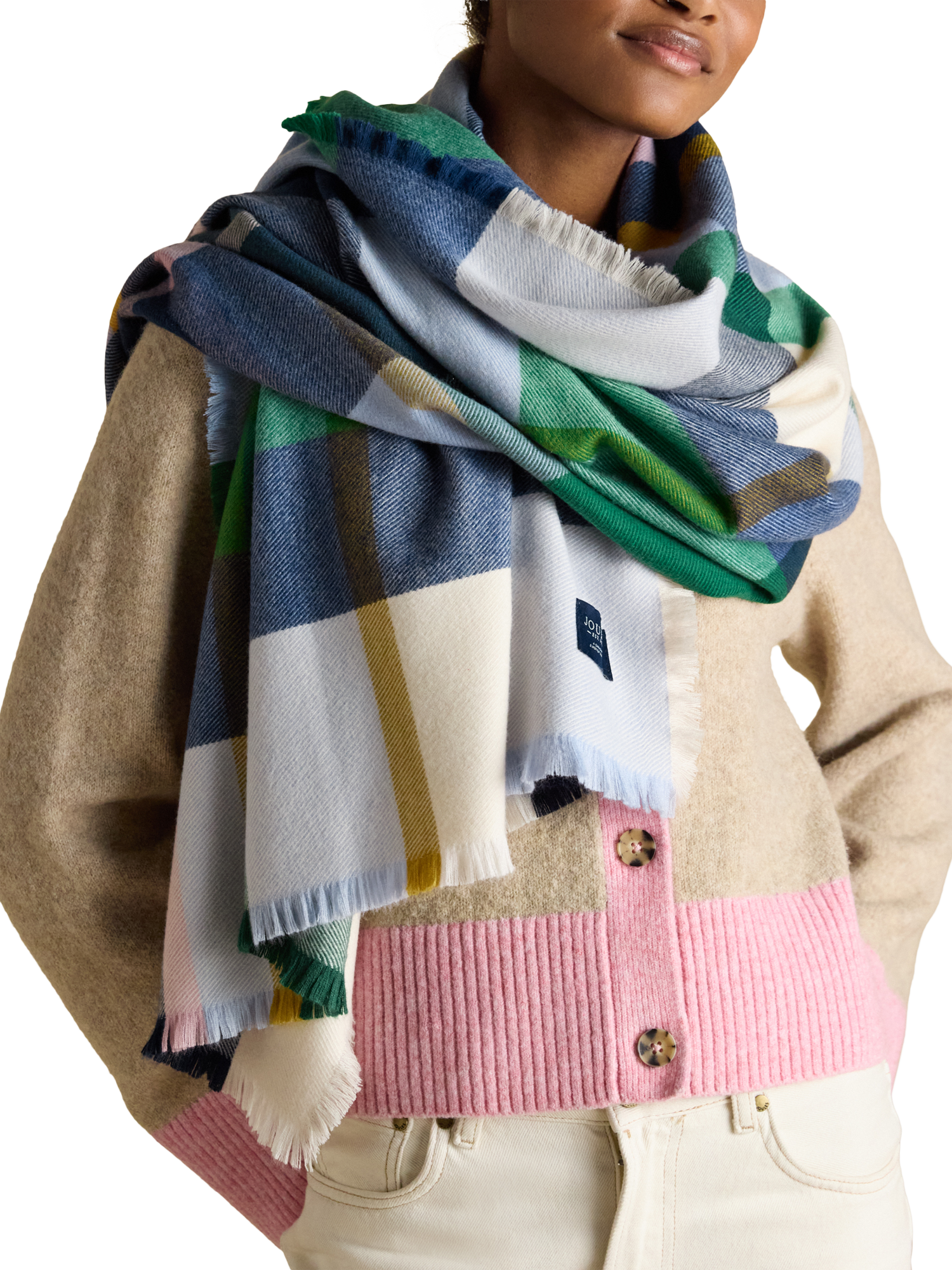 Product image 2 of 5, which shows Joules Langtree Check Scarf, Green/Blue, One Size