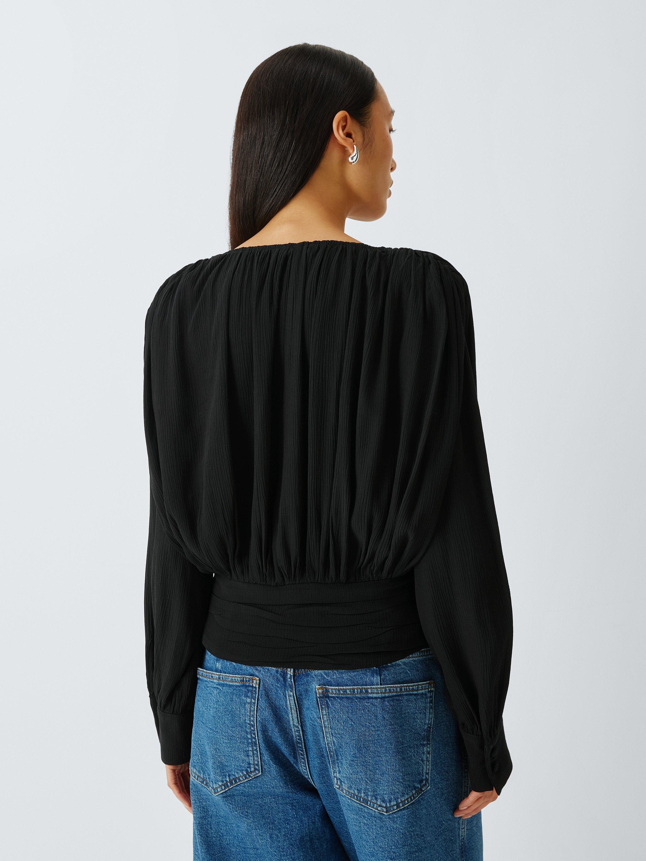 Product image 2 of 8, which shows AND/OR Textured Tie Neck Top, Black, 6
