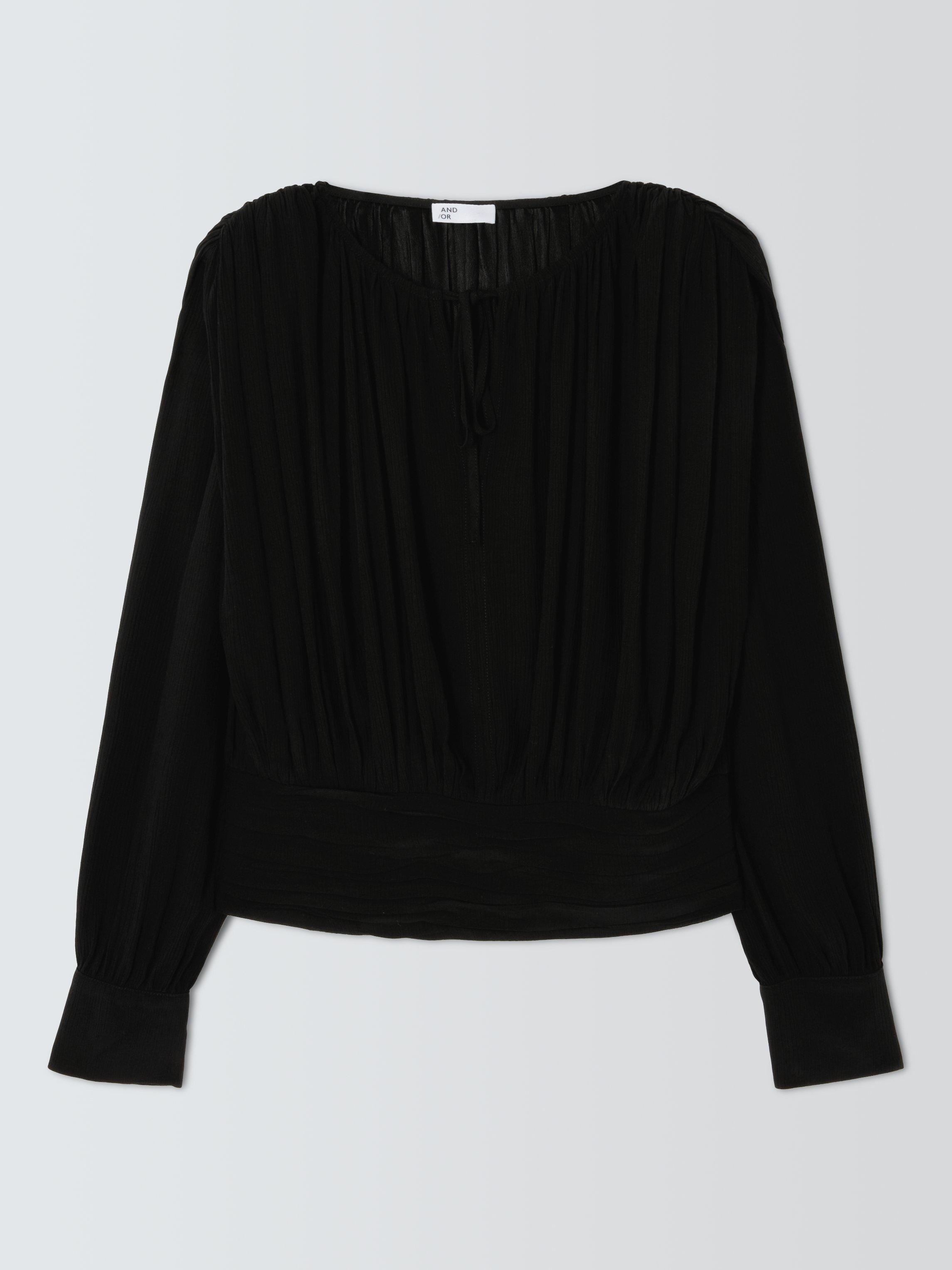 Product image 3 of 8, which shows AND/OR Textured Tie Neck Top, Black, 6