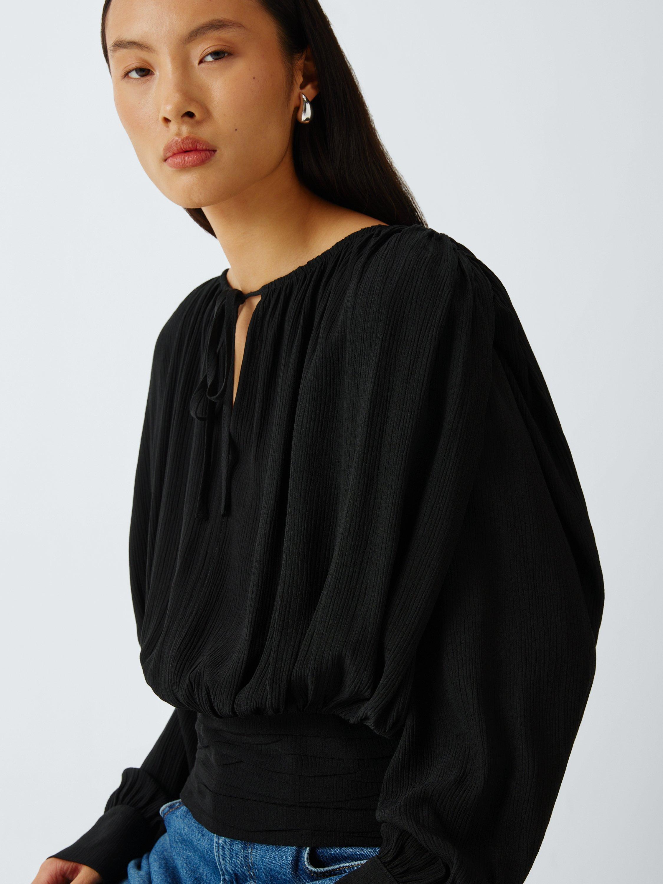 Product image 5 of 8, which shows AND/OR Textured Tie Neck Top, Black, 6