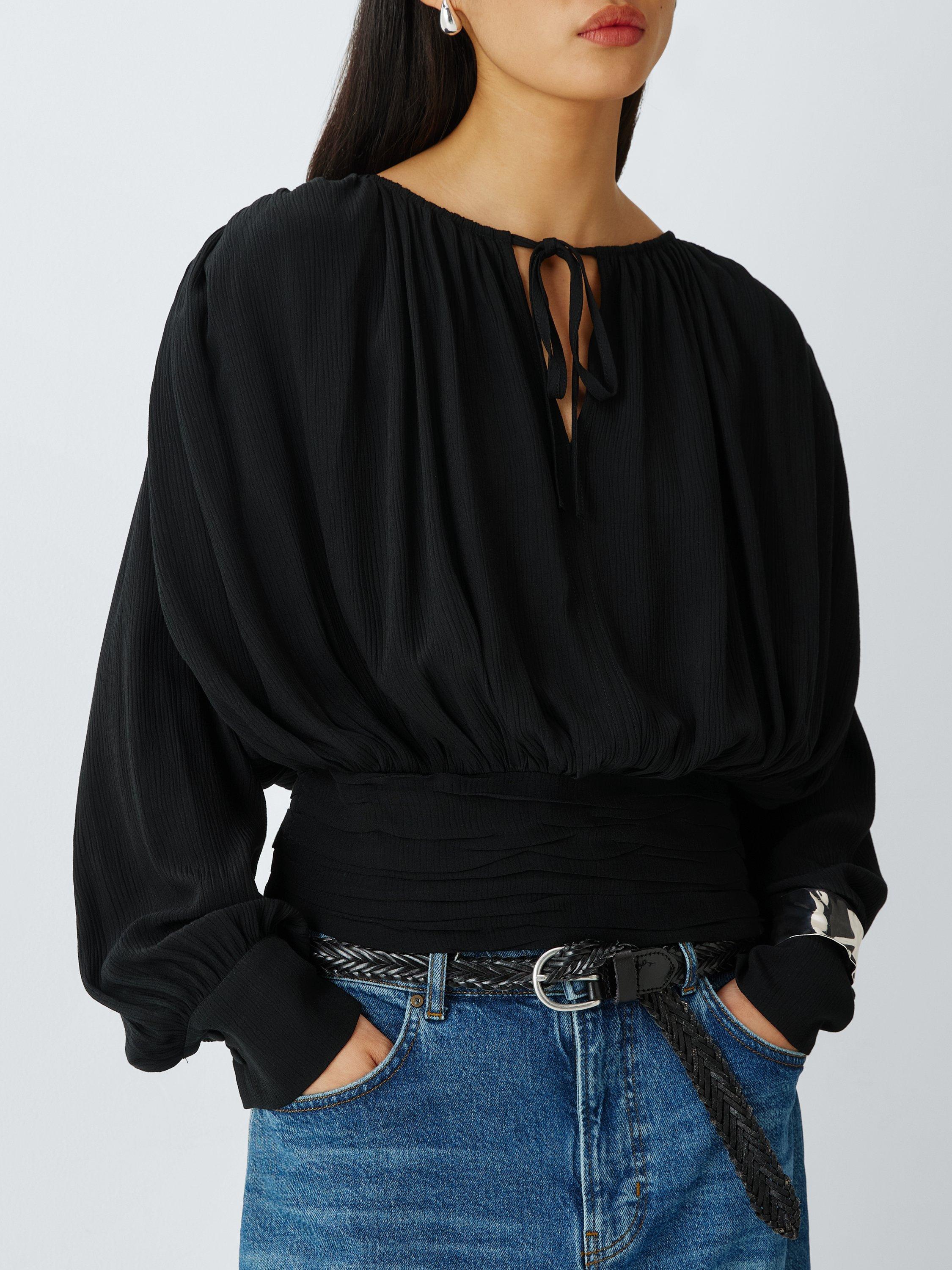 Product image 6 of 8, which shows AND/OR Textured Tie Neck Top, Black, 6