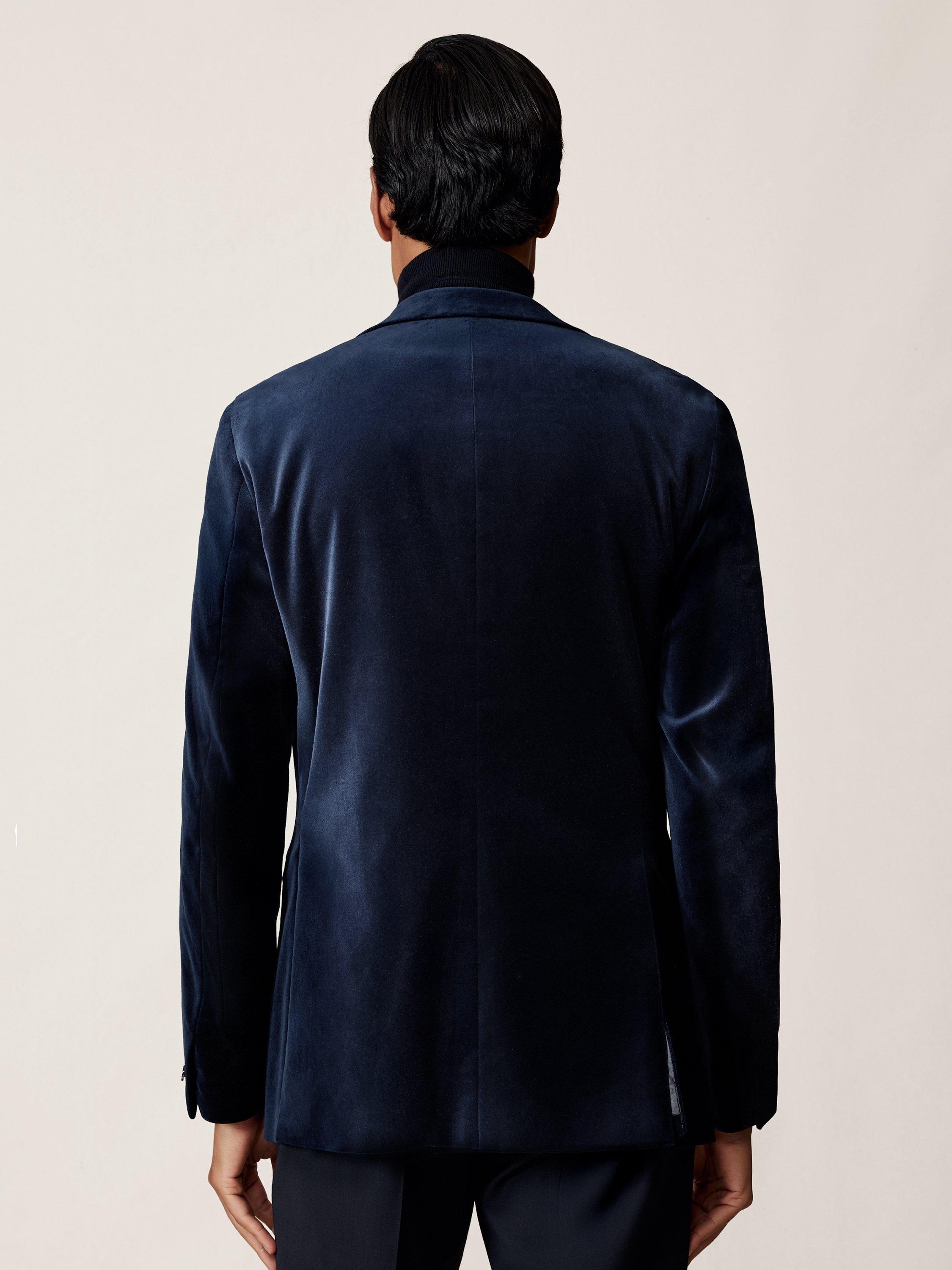 Product image 2 of 5, which shows Reiss Aspara Single Breasted Velvet Blazer, Navy, 44