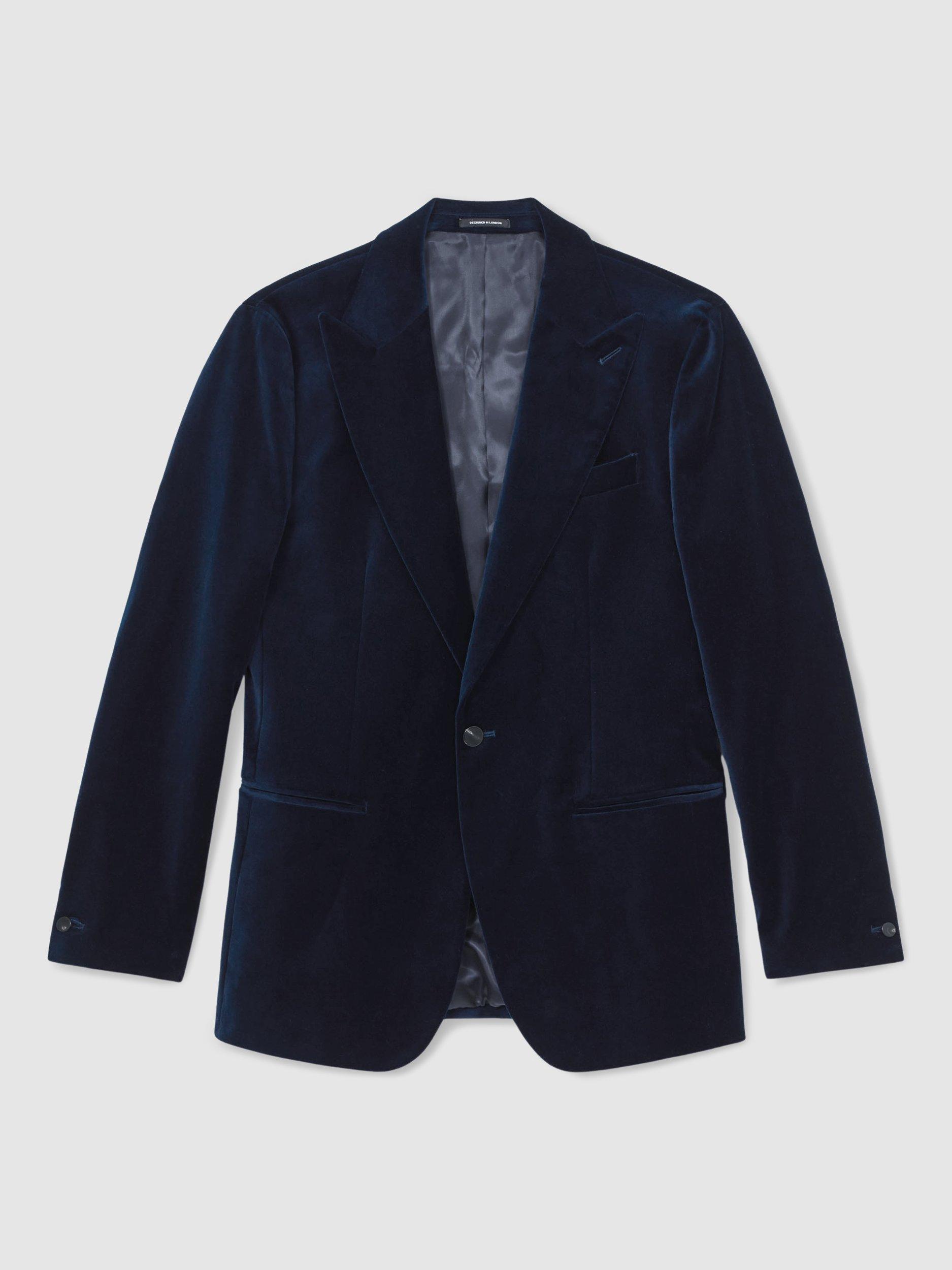Product image 3 of 5, which shows Reiss Aspara Single Breasted Velvet Blazer, Navy, 44