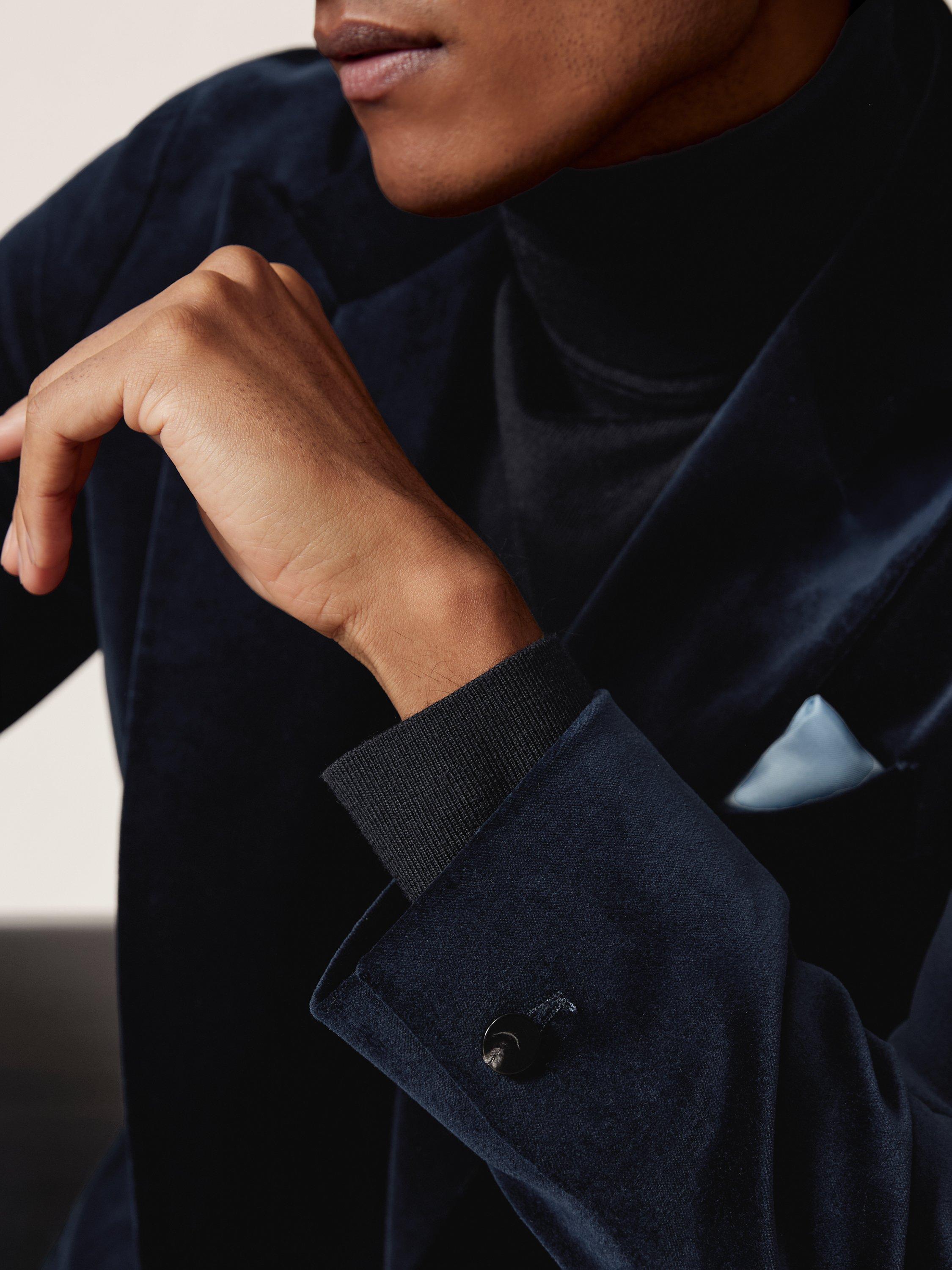 Product image 4 of 5, which shows Reiss Aspara Single Breasted Velvet Blazer, Navy, 44