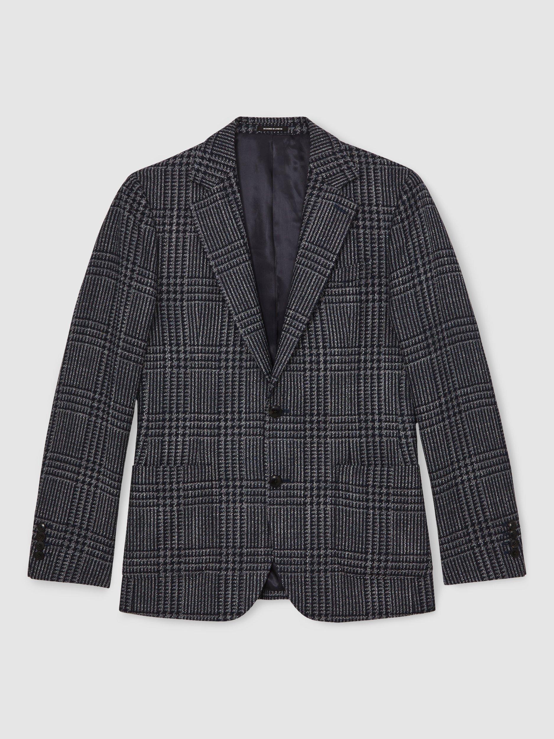 Product image 3 of 5, which shows Reiss Jacob Single Breasted Check Wool Blend Blazer, Navy, 42