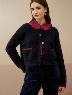 Brora Wool Blend Round Neck Cardigan, Ink