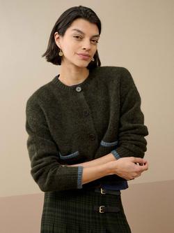 Brora Wool Blend Round Neck Cardigan, Seaweed