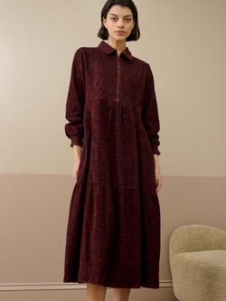 Brora Organic Cotton Paisley Corduroy Tiered Long Sleeve Collar Midi Dress, Chocolate/Brick