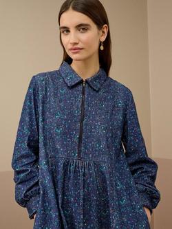 Brora Organic Cotton Paisley Corduroy Tiered Long Sleeve Collar Midi Dress - view 2, Navy/Jay