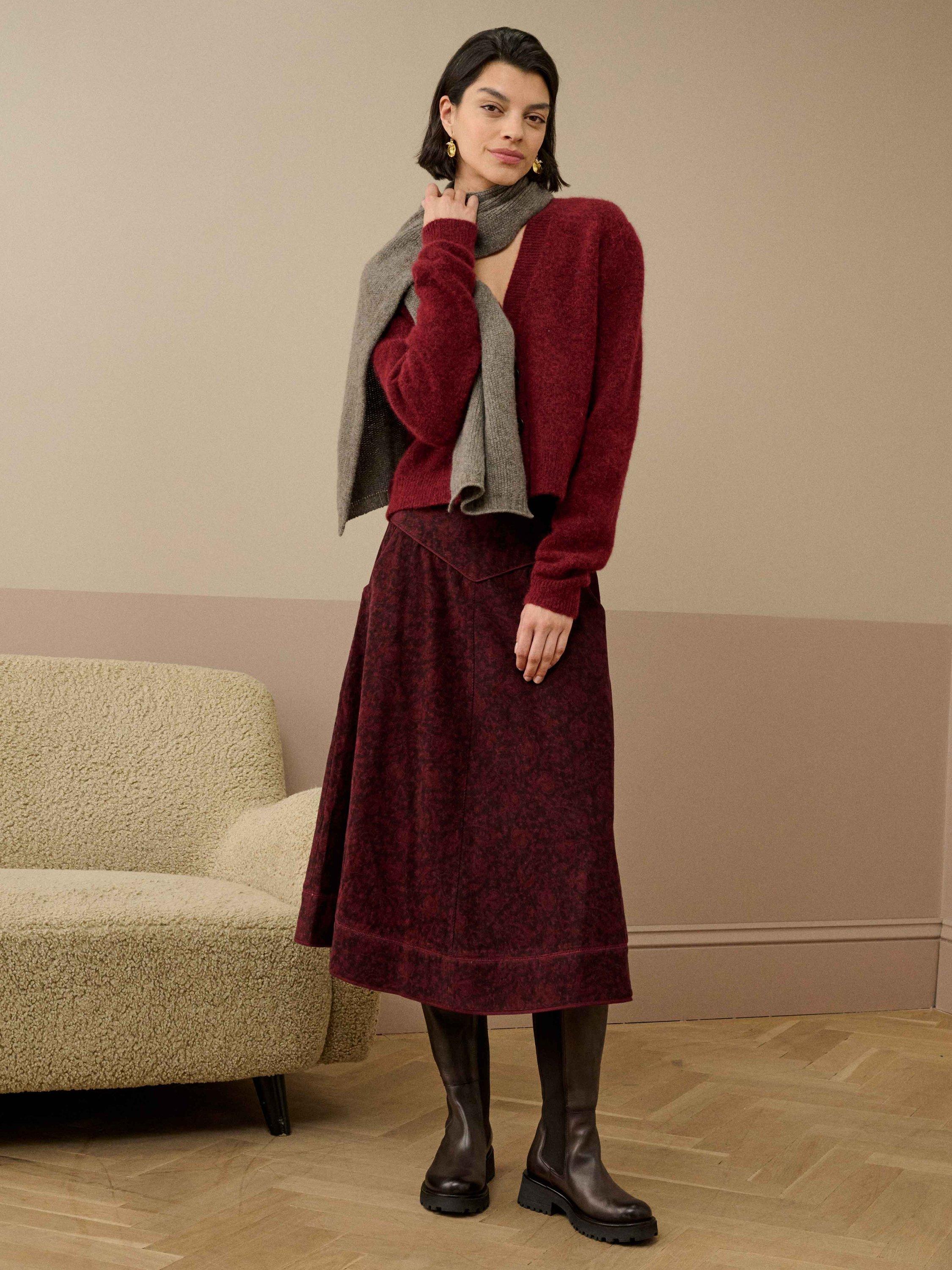 Product image 1 of 5, which shows Brora Organic Cotton Paisley Midi Skirt, Chocolate/Brick, 8