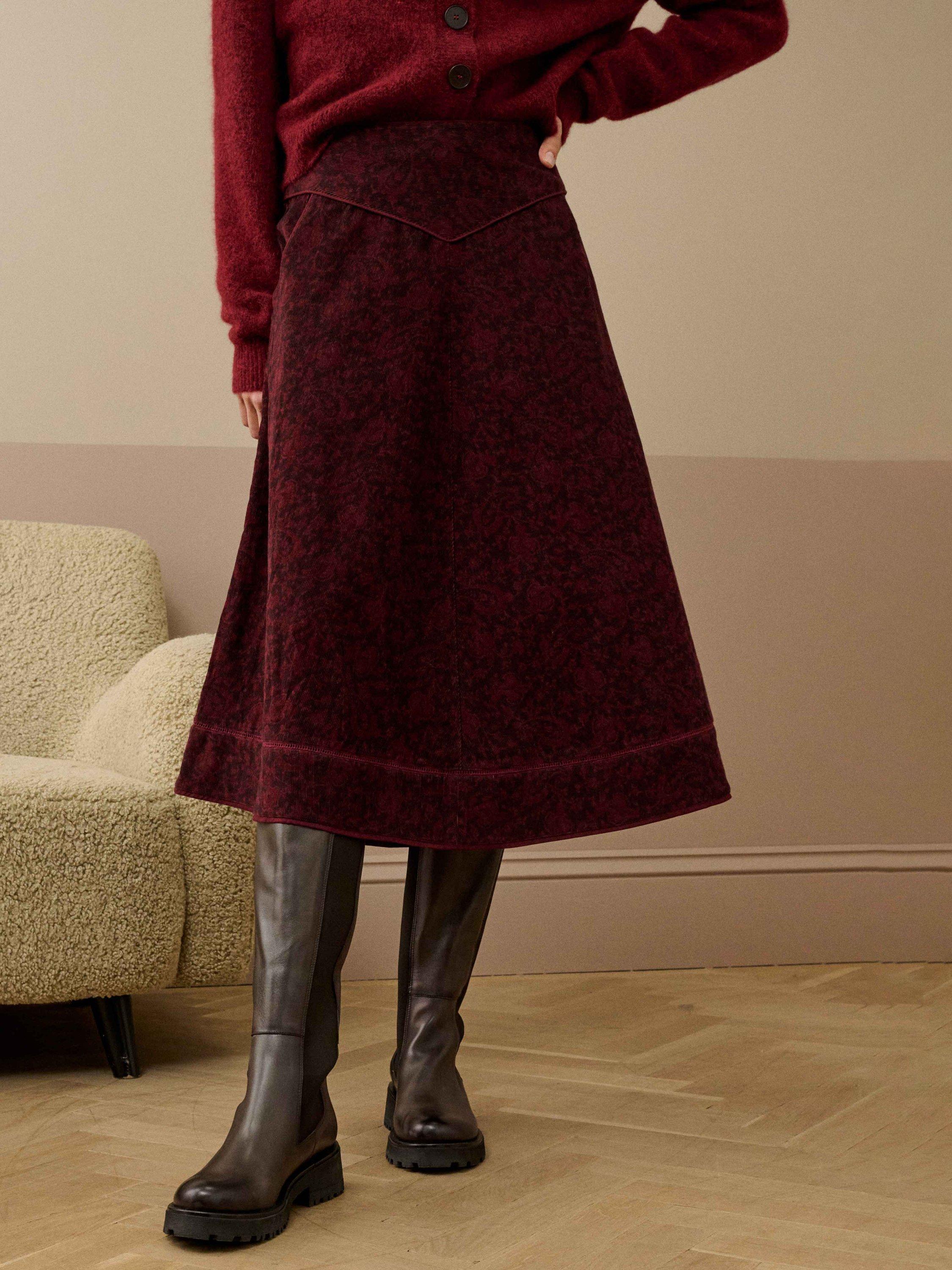 Product image 2 of 5, which shows Brora Organic Cotton Paisley Midi Skirt, Chocolate/Brick, 8