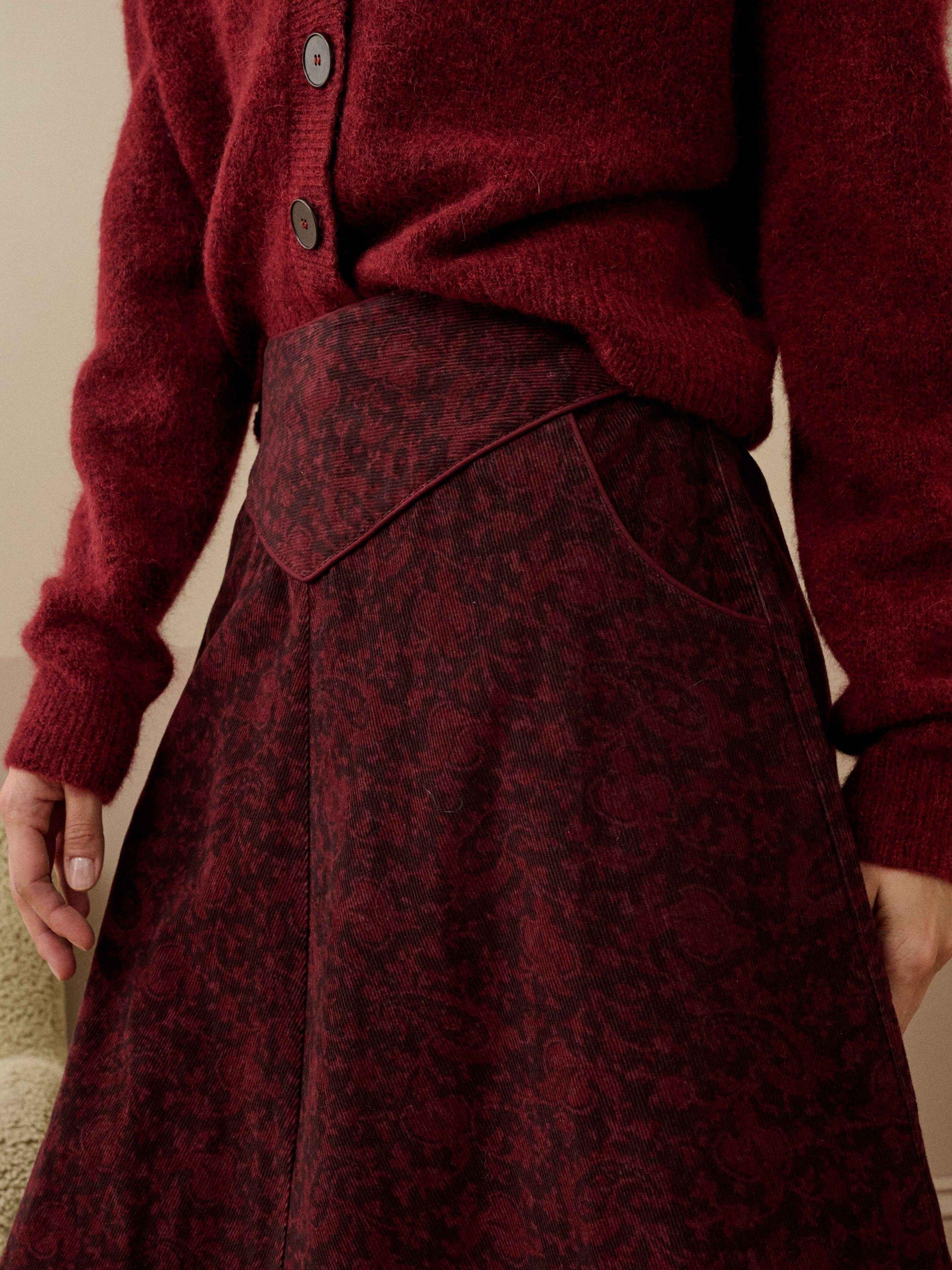 Product image 3 of 5, which shows Brora Organic Cotton Paisley Midi Skirt, Chocolate/Brick, 8