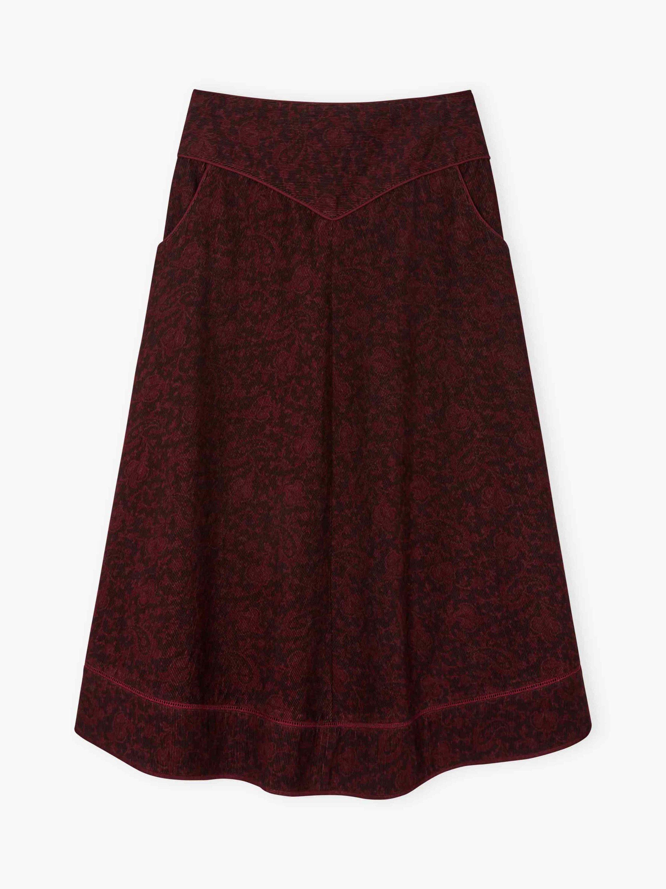 Product image 5 of 5, which shows Brora Organic Cotton Paisley Midi Skirt, Chocolate/Brick, 8