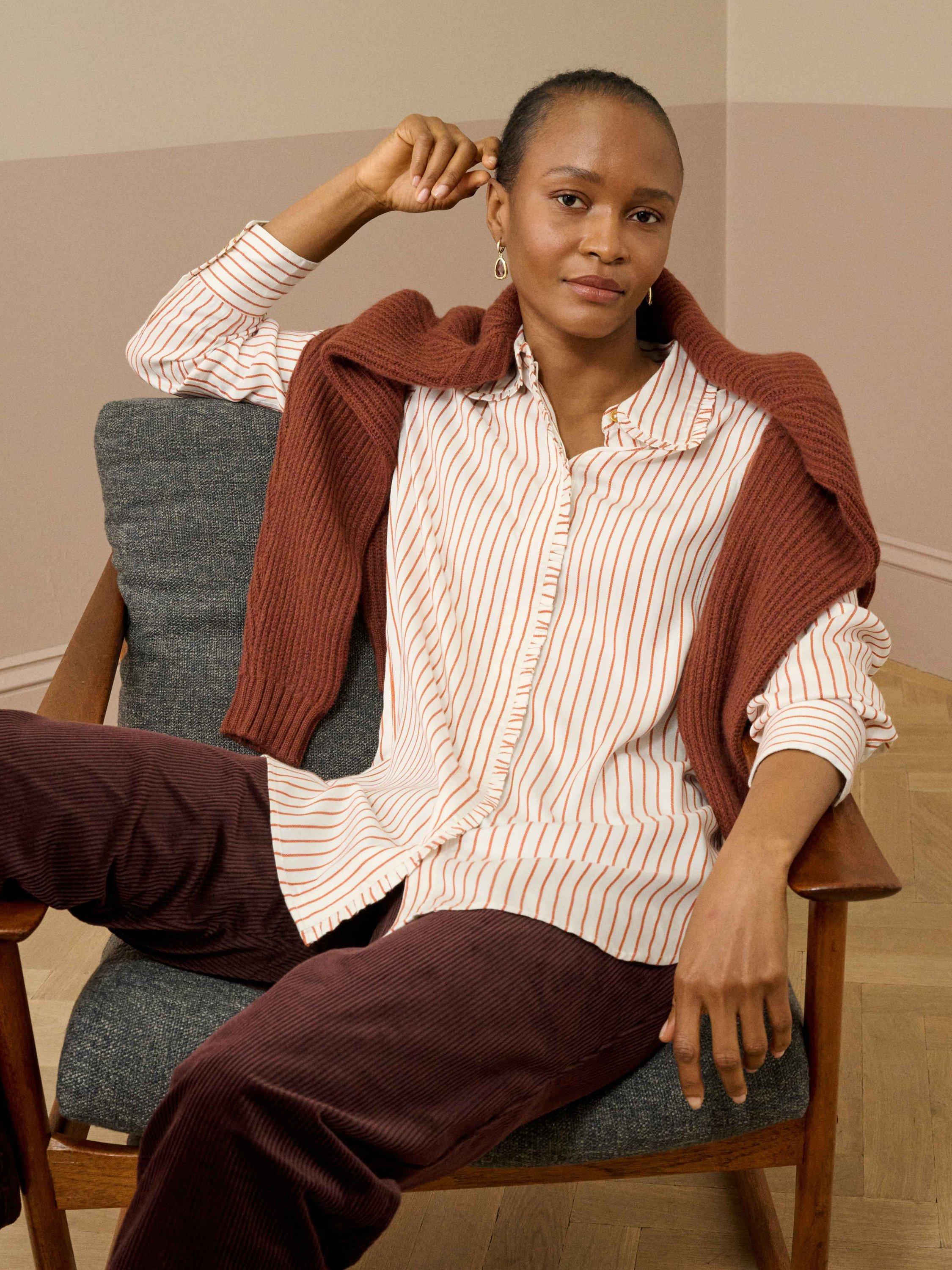 Product image 1 of 5, which shows Brora Stripe Long Sleeve Collar Shirt, Ivory/Rust, 6