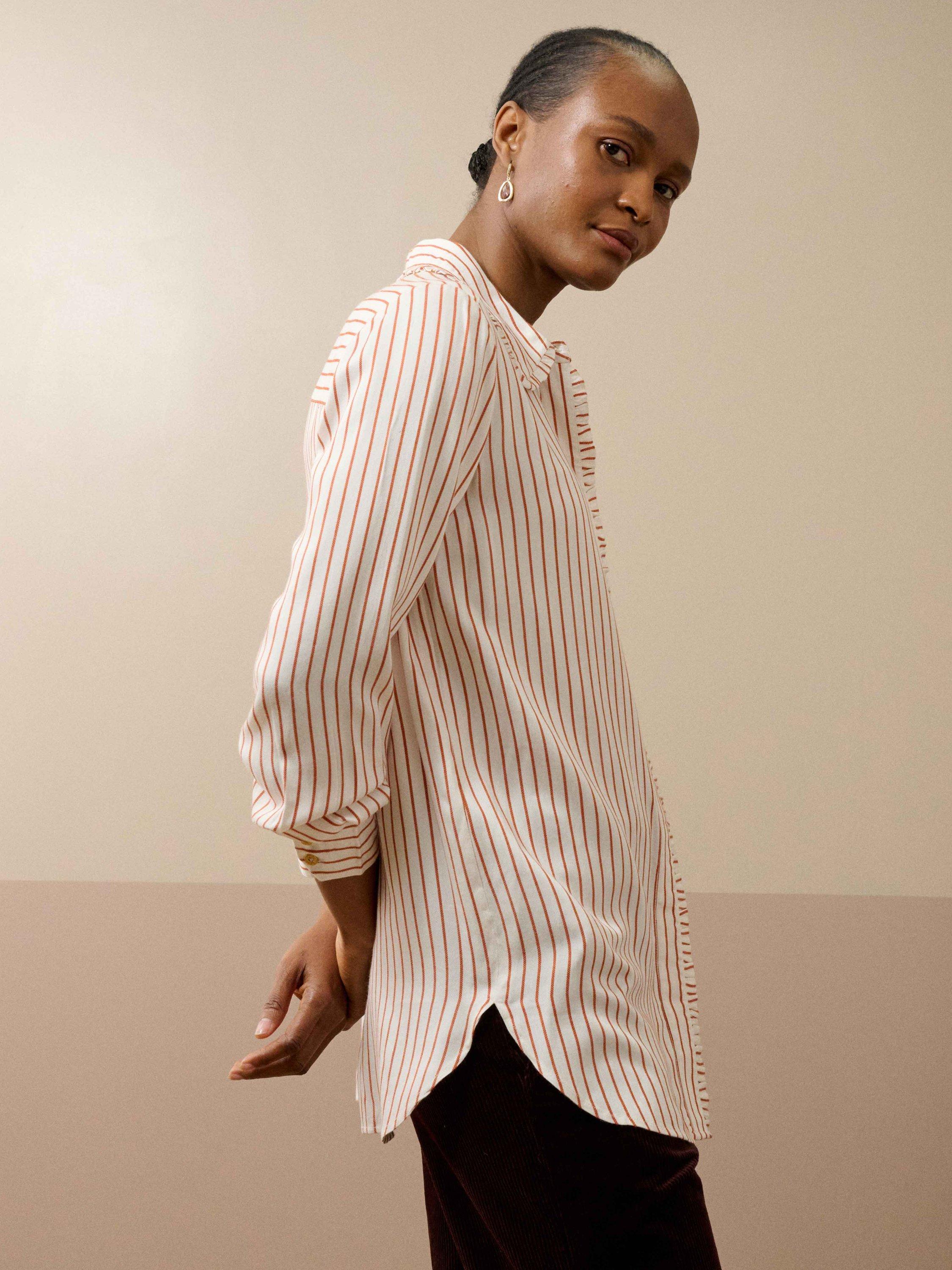 Product image 3 of 5, which shows Brora Stripe Long Sleeve Collar Shirt, Ivory/Rust, 6