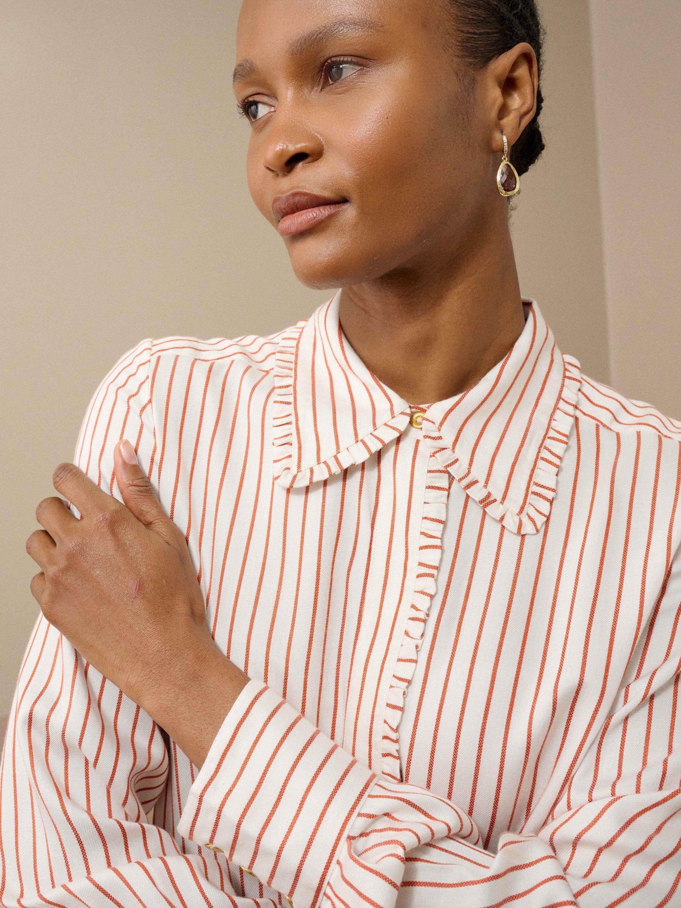 Product image 4 of 5, which shows Brora Stripe Long Sleeve Collar Shirt, Ivory/Rust, 6