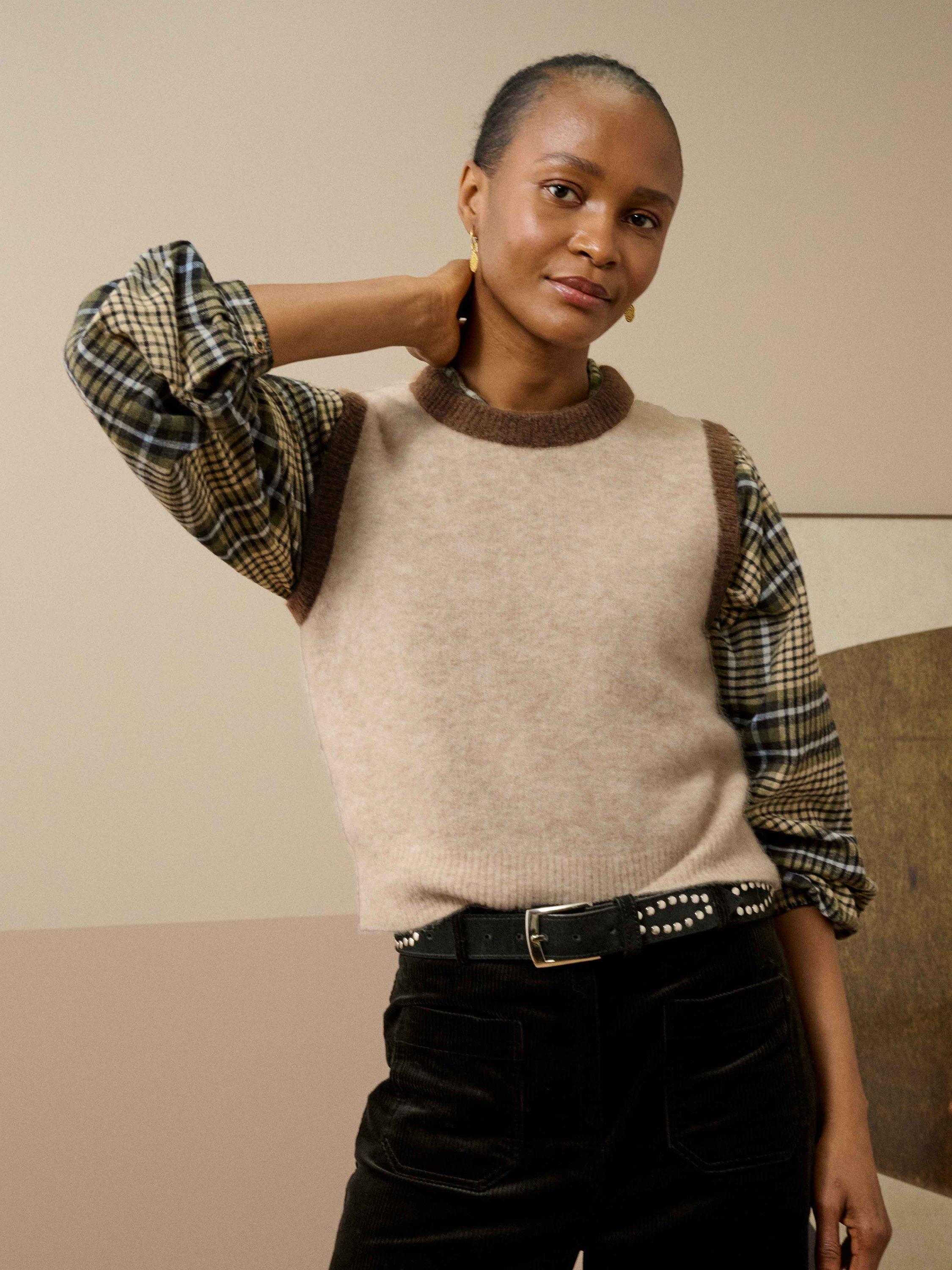 Product image 1 of 5, which shows Brora Wool Blend Sleeveless Round Neck Tank Top, Biscuit, 8-10