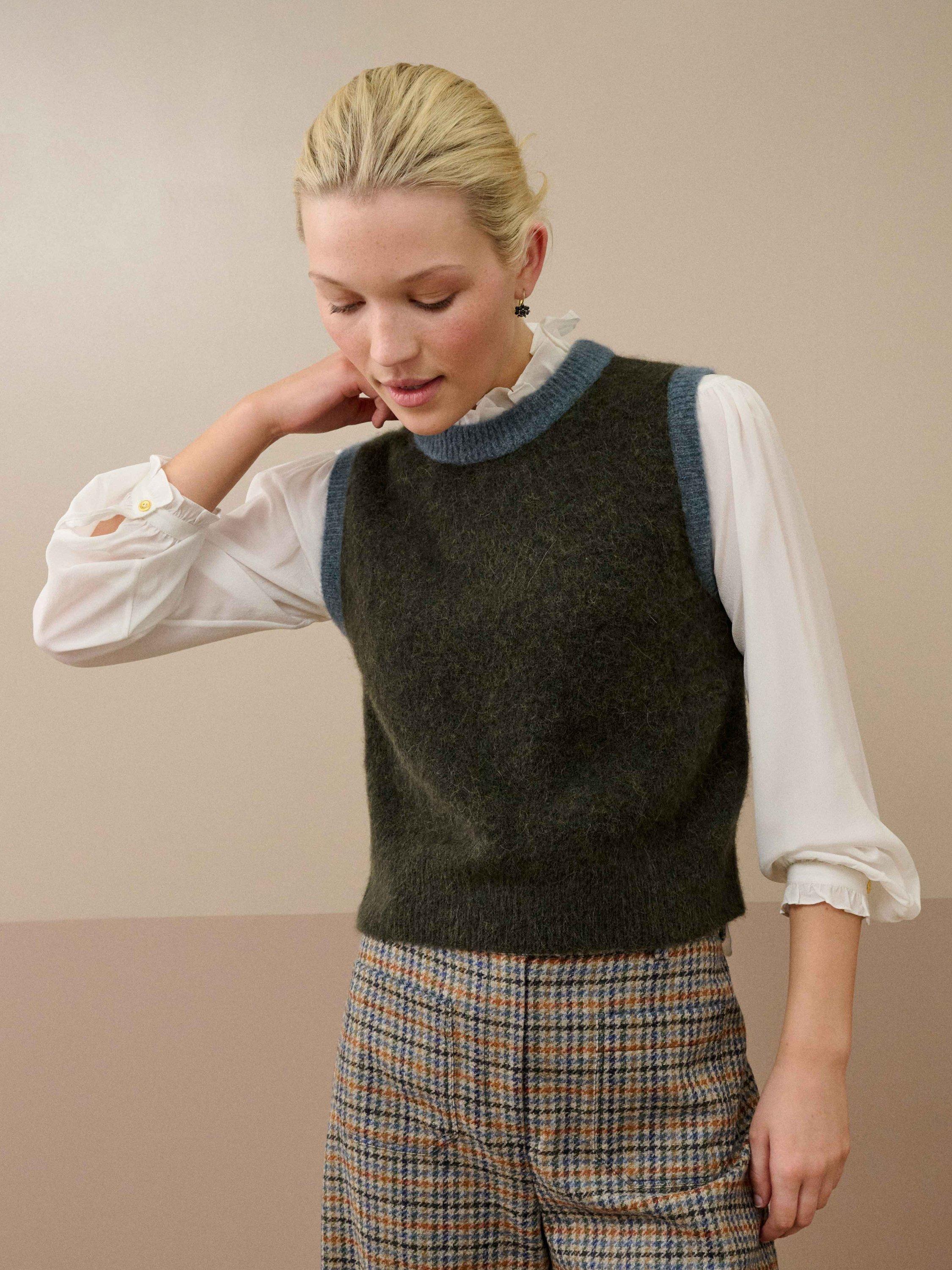 Product image 1 of 5, which shows Brora Wool Blend Sleeveless Round Neck Tank Top, Seaweed, 16-18