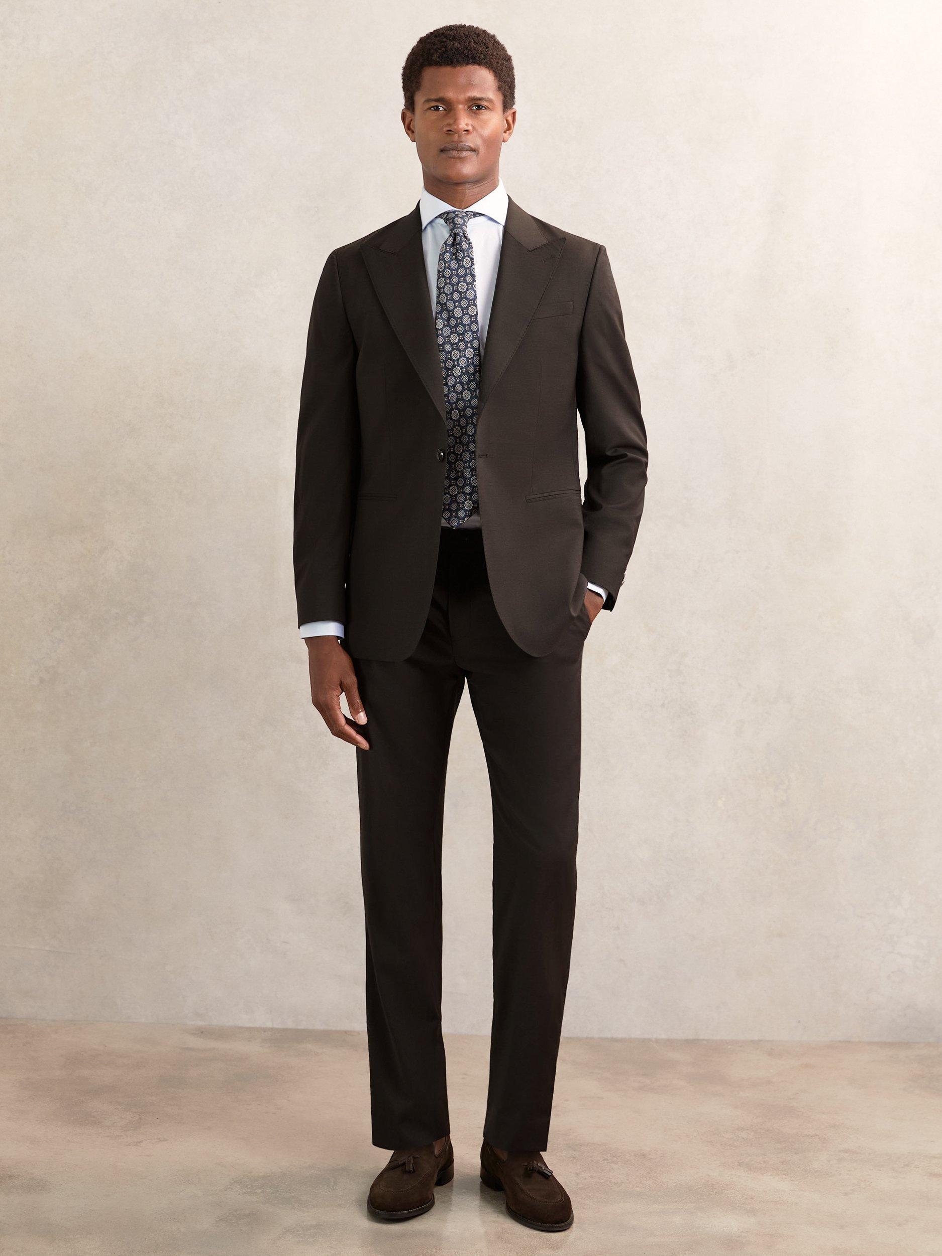 Product image 1 of 5, which shows Reiss Oscar Wool Blend Straight Trousers, Chocolate Brown, 34R