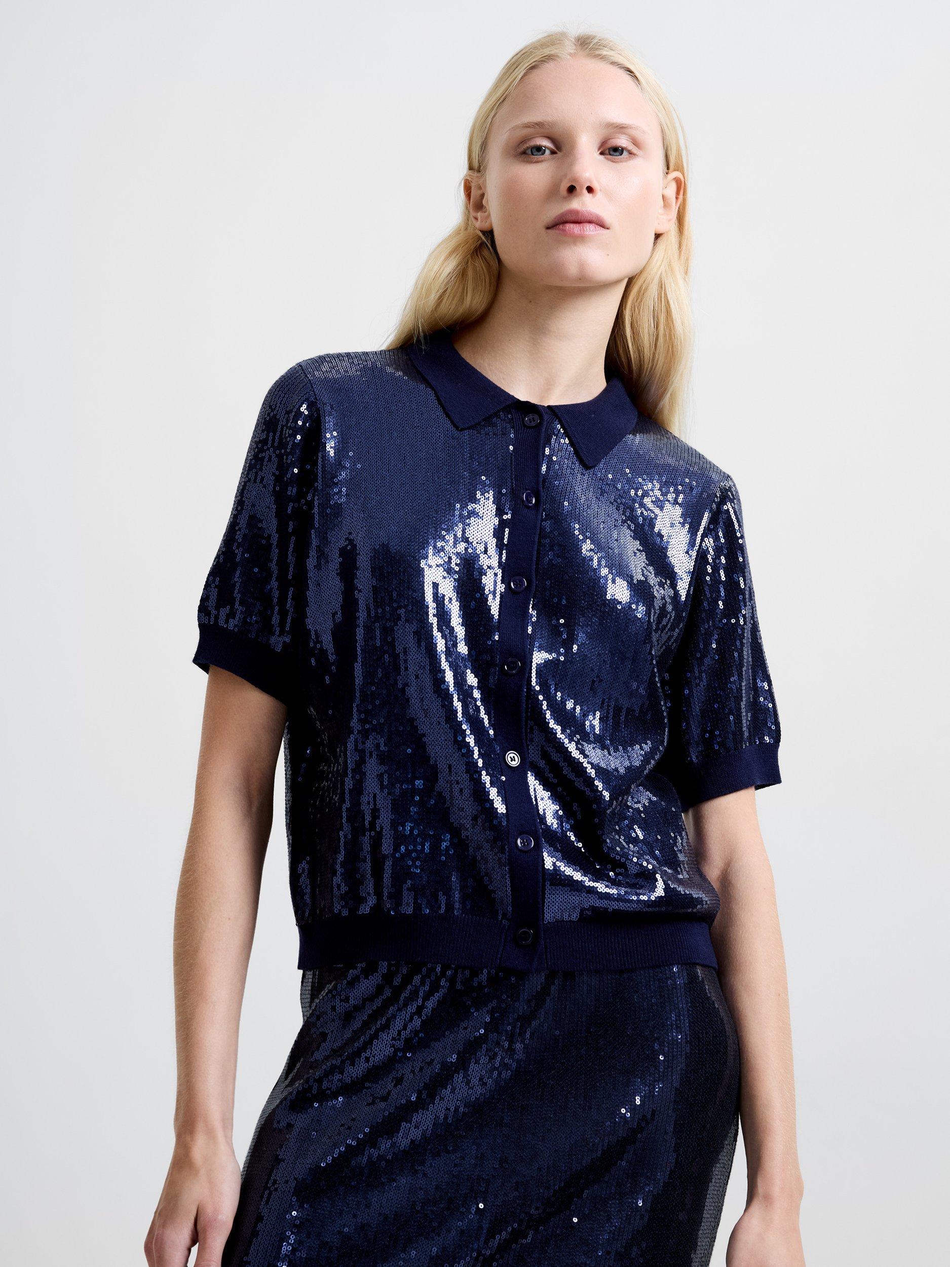 Product image 1 of 6, which shows French Connection Hannah Sequin Shirt, Navy, XS