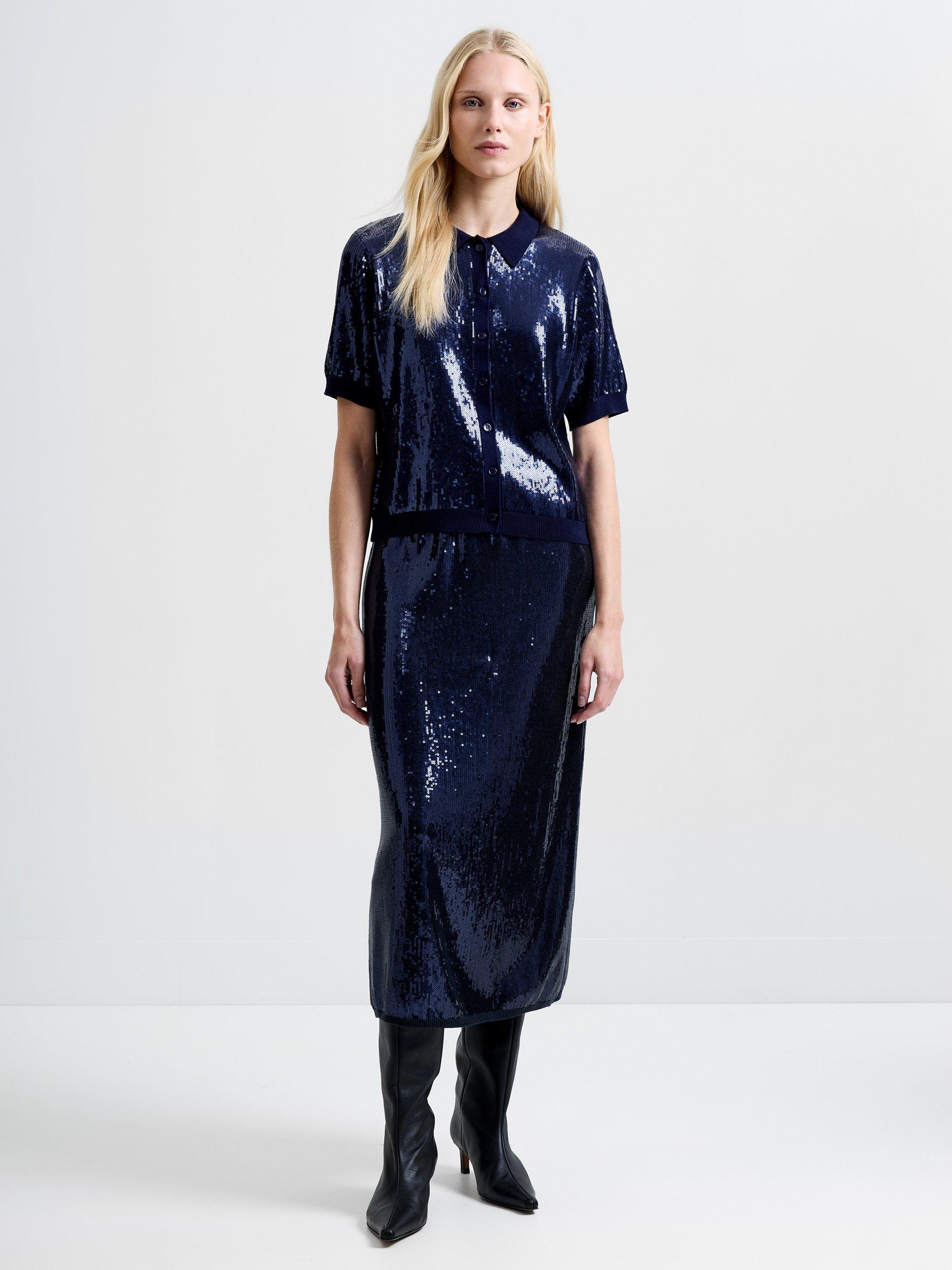 Product image 3 of 6, which shows French Connection Hannah Sequin Shirt, Navy, XS