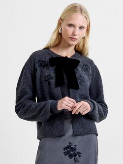 French Connection Irma Velvet Bow Cardigan, Charcoal Grey/Black, Charcoal Grey/Black