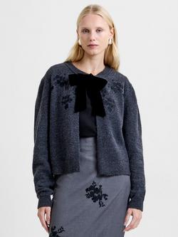French Connection Irma Velvet Bow Cardigan, Charcoal Grey/Black - view 2, Charcoal Grey/Black