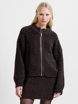 French Connection Renee Boucle Zip Through Cardigan, Bitter Chocolate, Bitter Chocolate