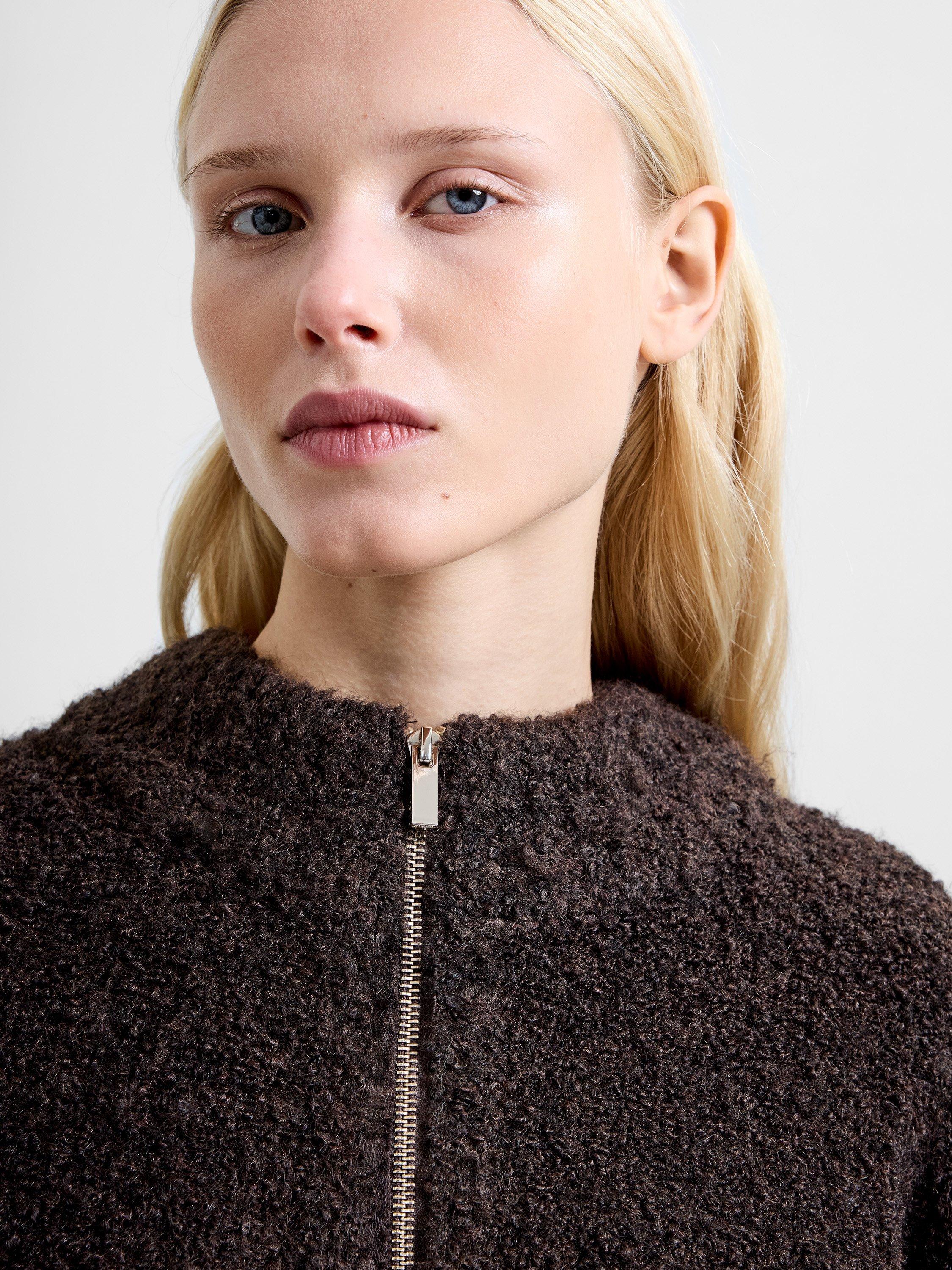 Product image 2 of 6, which shows French Connection Renee Boucle Zip Through Cardigan, Bitter Chocolate, XS