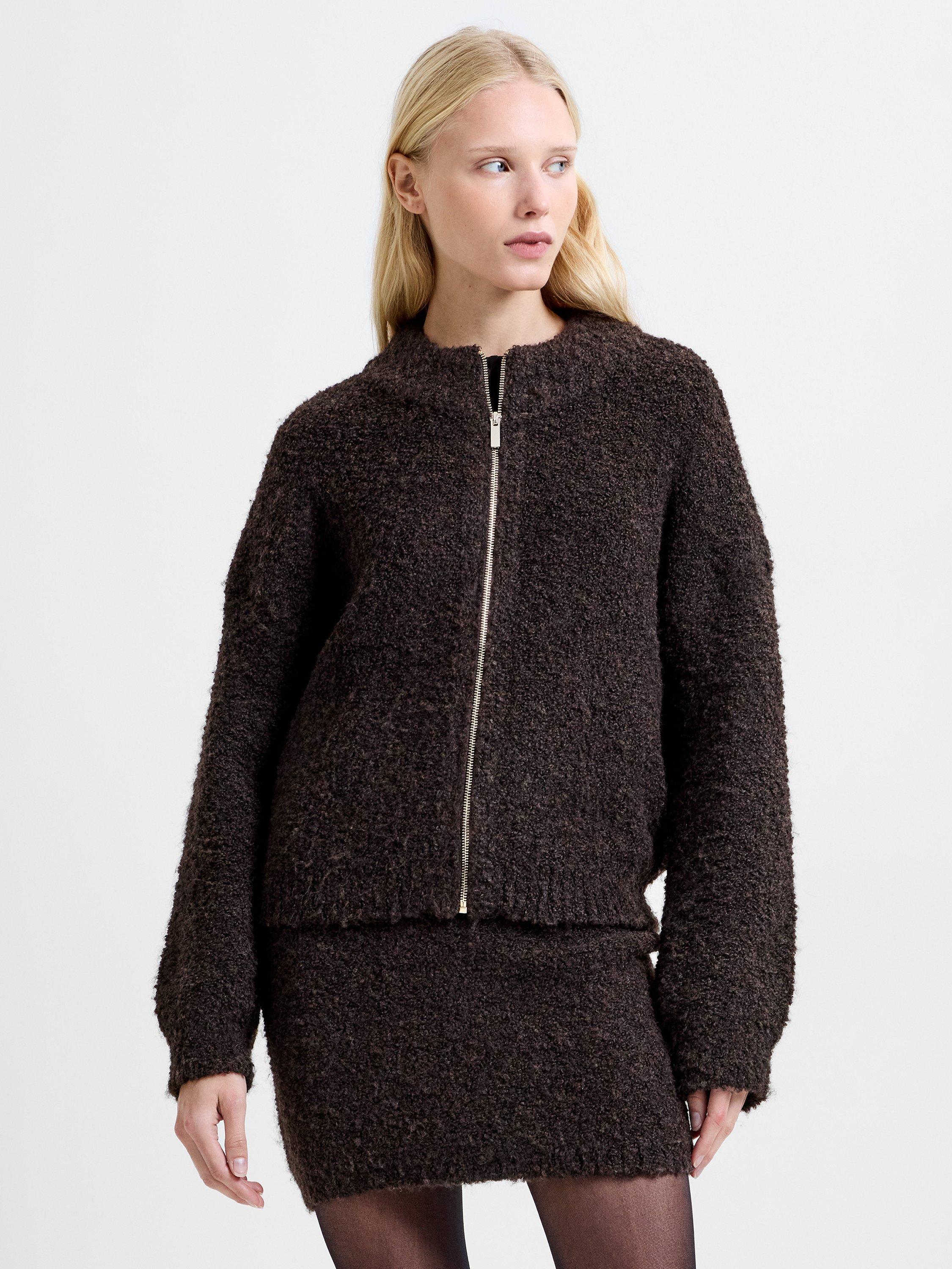 Product image 3 of 6, which shows French Connection Renee Boucle Zip Through Cardigan, Bitter Chocolate, XS