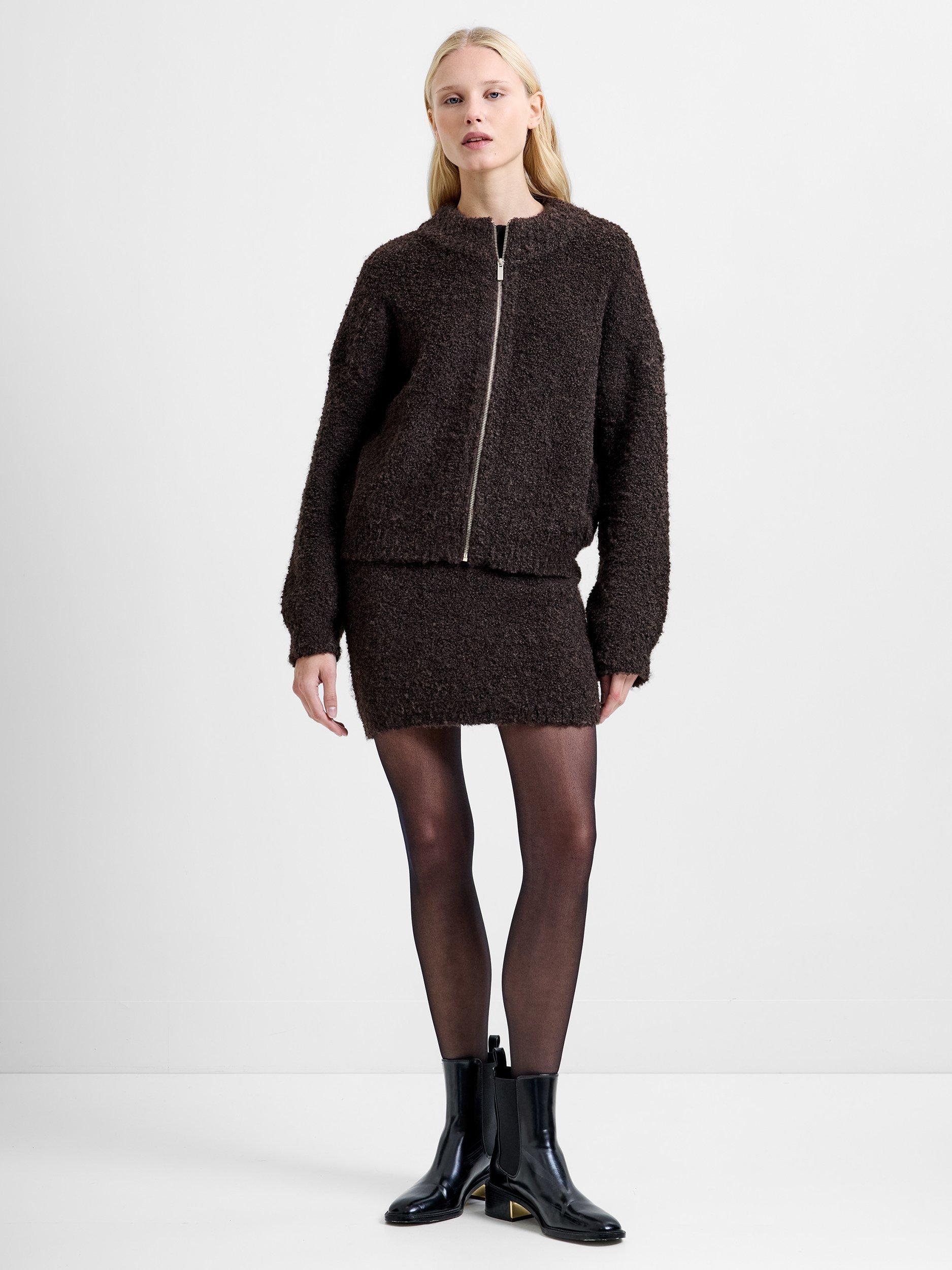 Product image 4 of 6, which shows French Connection Renee Boucle Zip Through Cardigan, Bitter Chocolate, XS