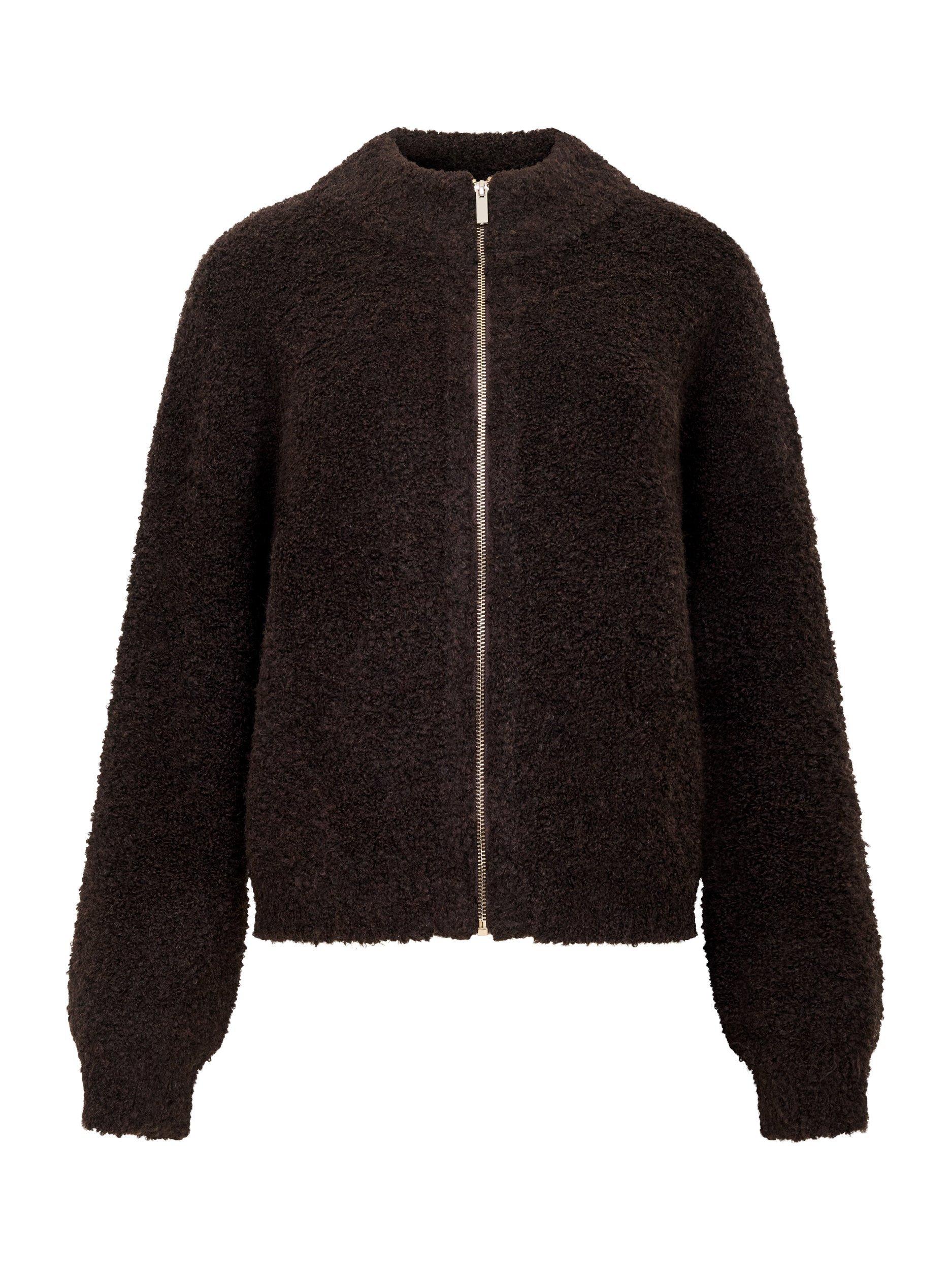 Product image 6 of 6, which shows French Connection Renee Boucle Zip Through Cardigan, Bitter Chocolate, XS