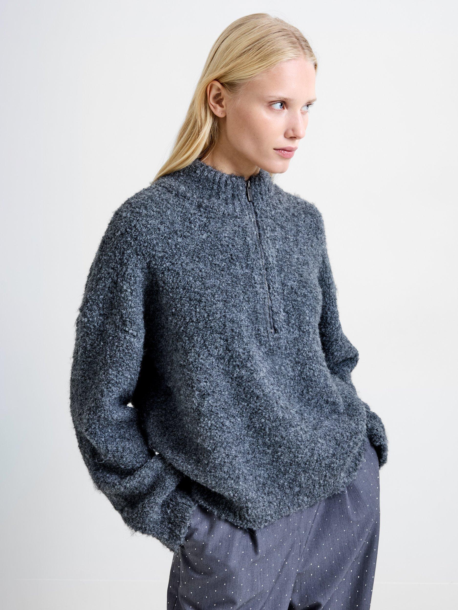 Product image 1 of 6, which shows French Connection Renee Boucle Half Zip Jumper, Charcoal Grey, XS