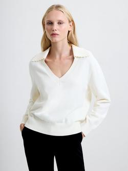 French Connection Sloane Faux Pearl Trim Jumper, Porcelain Cream, Porcelain Cream