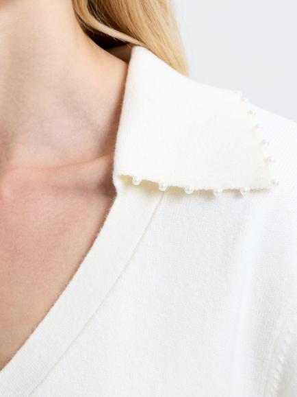 French Connection Sloane Faux Pearl Trim Jumper, Porcelain Cream - view 2, Porcelain Cream